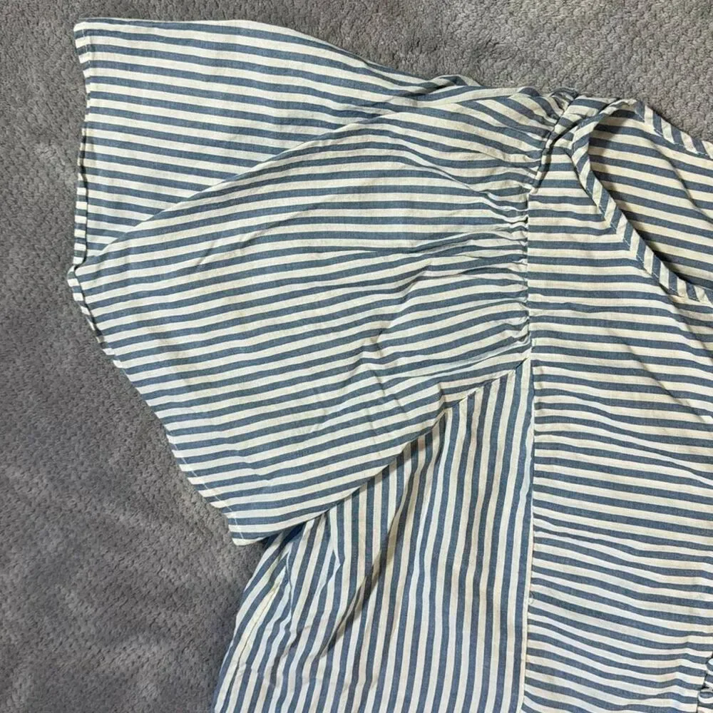 Madewell Courtyard Striped Puff Sleeve Peplum Blouse Medium Blue White Button Fr